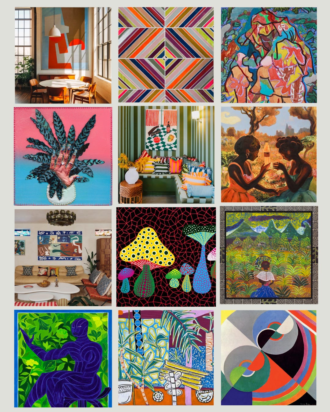Expressive Maximalist: Vibrant collage of colorful, patterned paintings and layered interiors — bold rhythm and expressive energy.