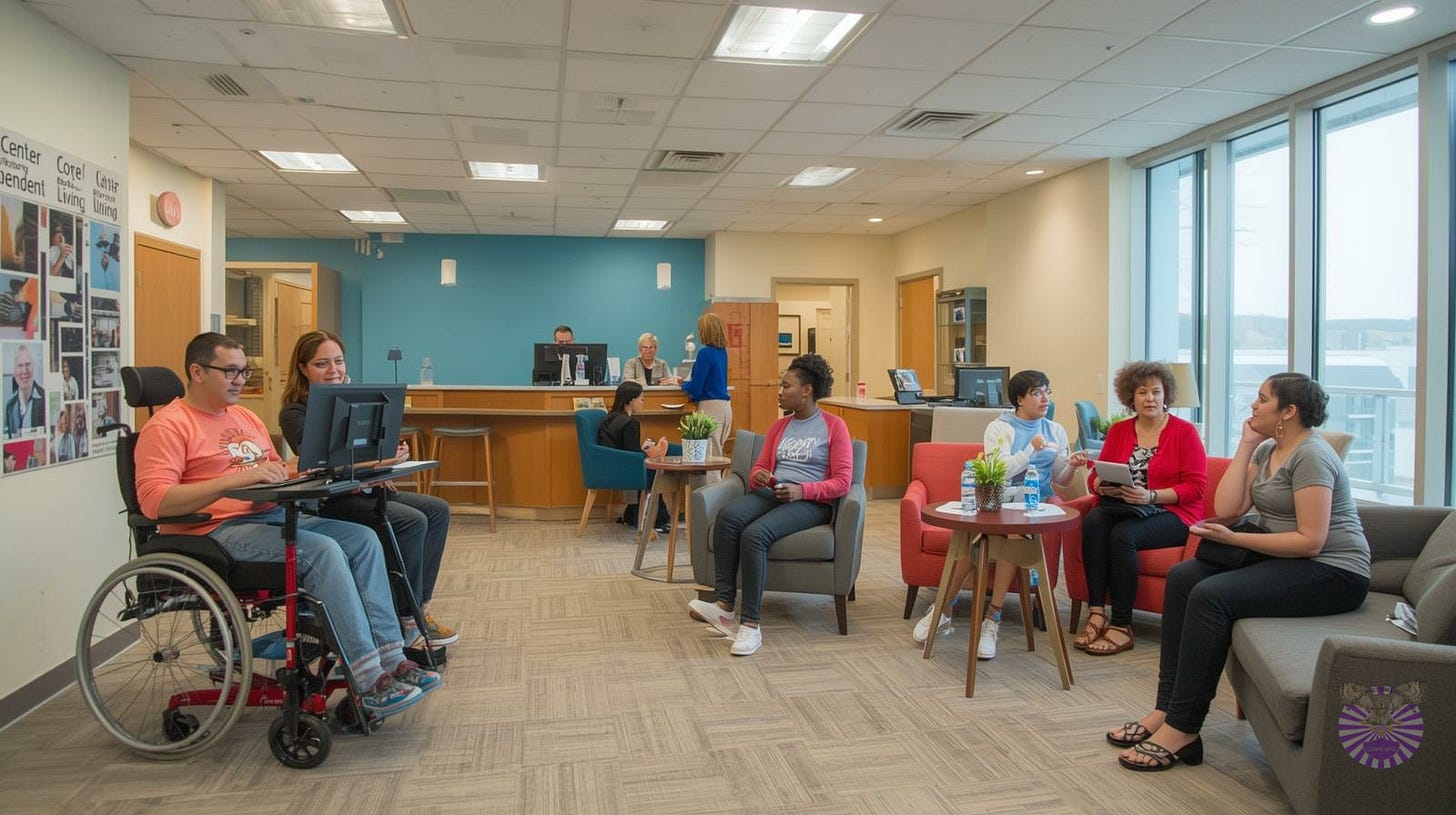 Decorative image - AI generated - of a center for independent living with people obtaining information, include a person who uses a wheelchair