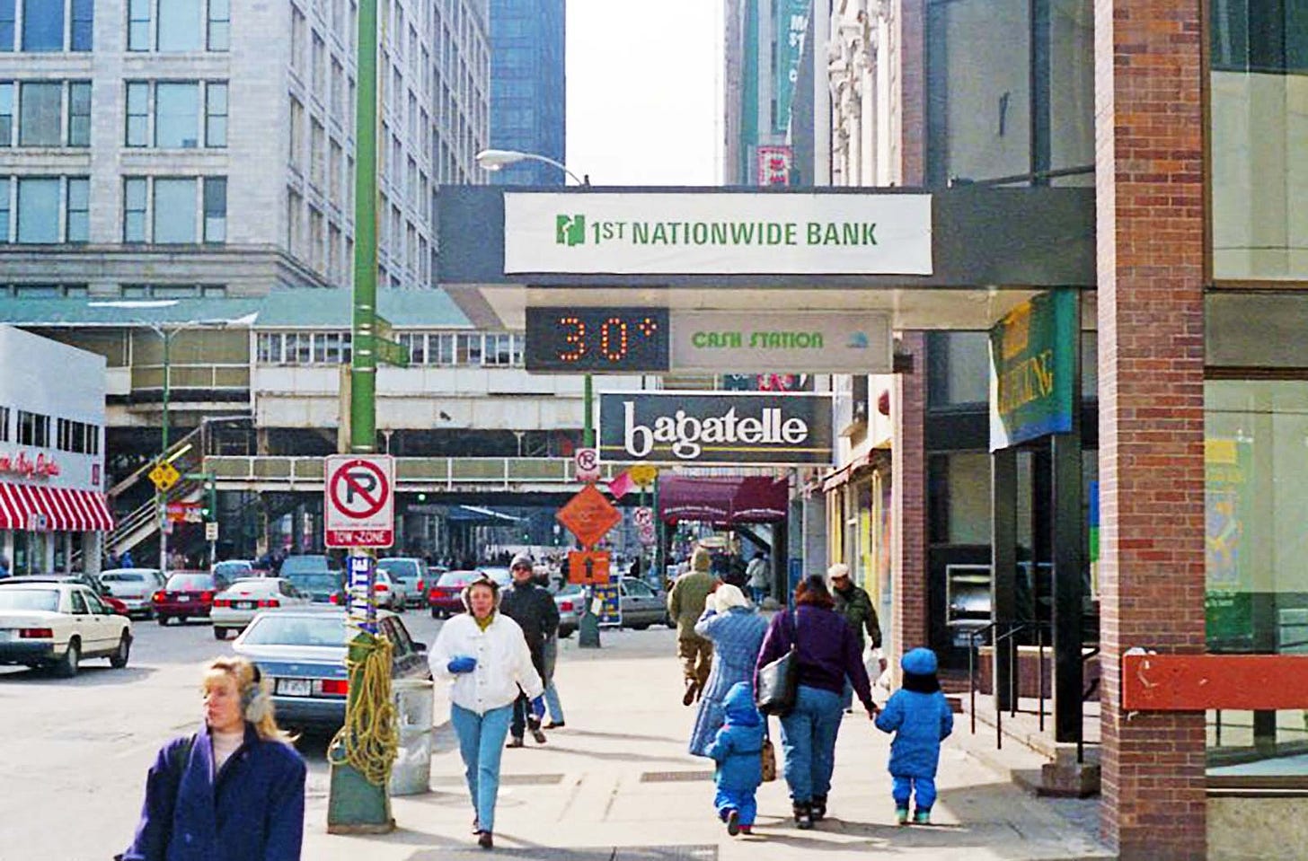 A vibrant street scene from 1990s Chicago, capturing the city's dynamic energy during a decade of profound transformation.