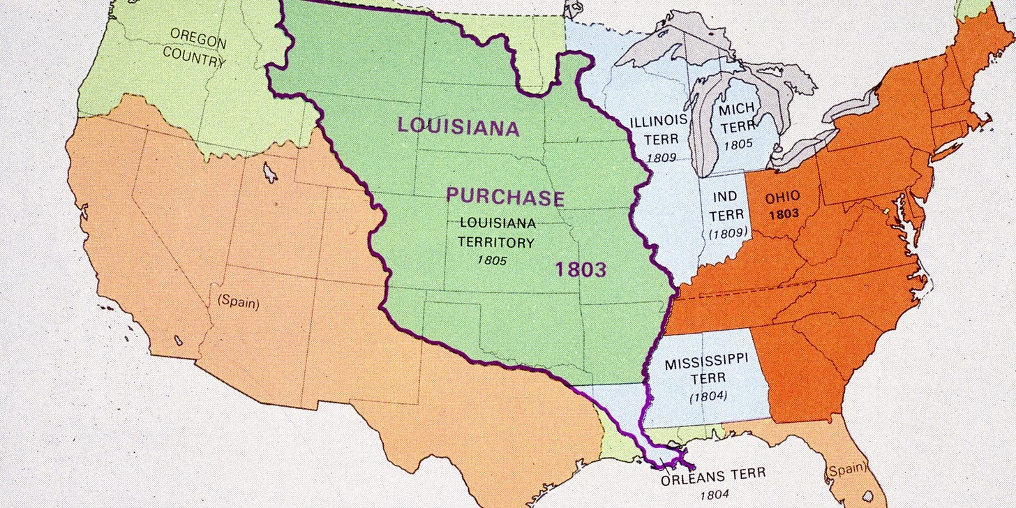 Louisiana Purchase1803: Map showing the area covered by the Louisana Purchase. The land which was bought from France, virtually doubled the area of the United States, cost only 15 million dollars and gave the US security against development by the French. (Photo by MPI/Getty Images)