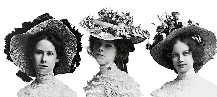 The same black and white photo, with digital editing by the author to increase contrast and bring out details in the girls' dresses and hats.