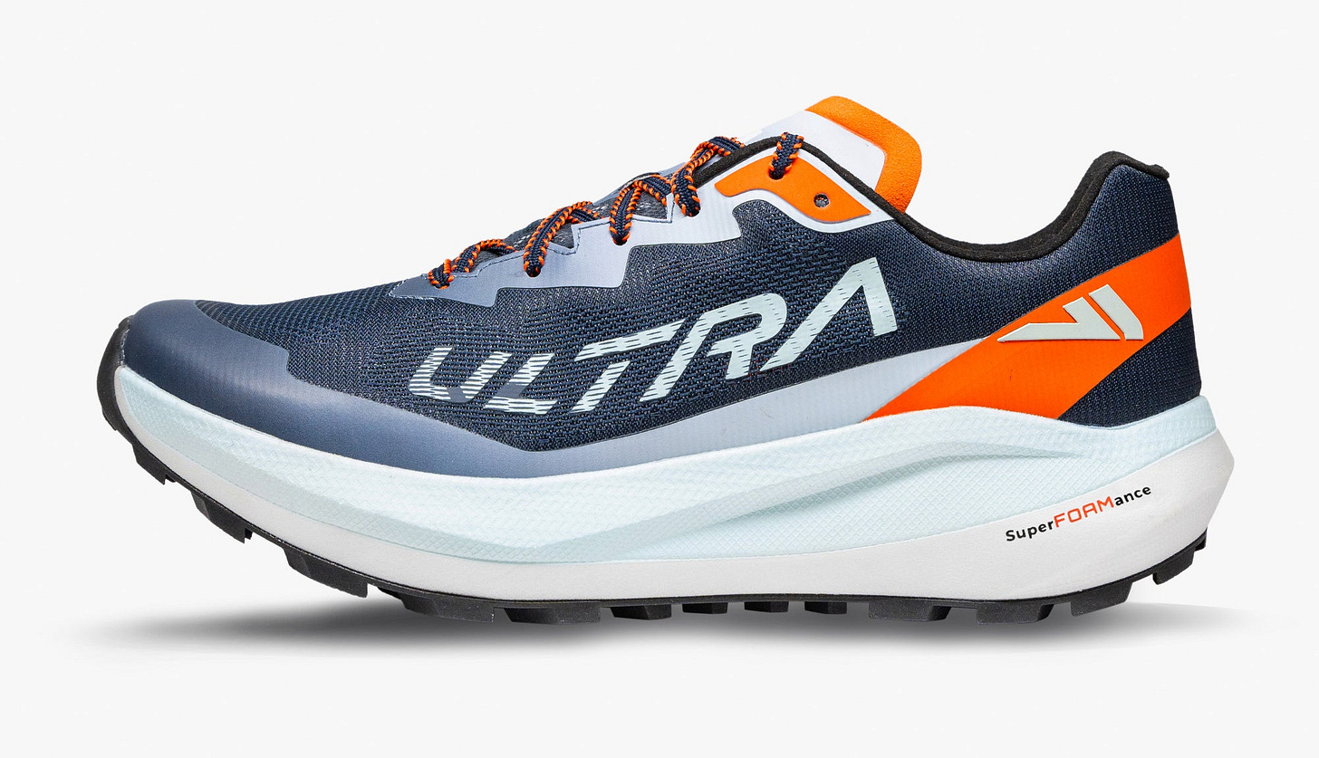A side view of a blue and orange running shoe with "ULTRA" printed on the side and a textured sole.