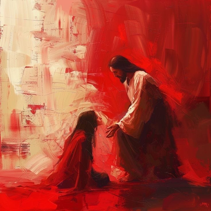 This may contain: a painting of a woman kneeling in front of a red wall with her hand on the ground This may contain: a painting of a woman kneeling in front of a red wall with her hand on the ground