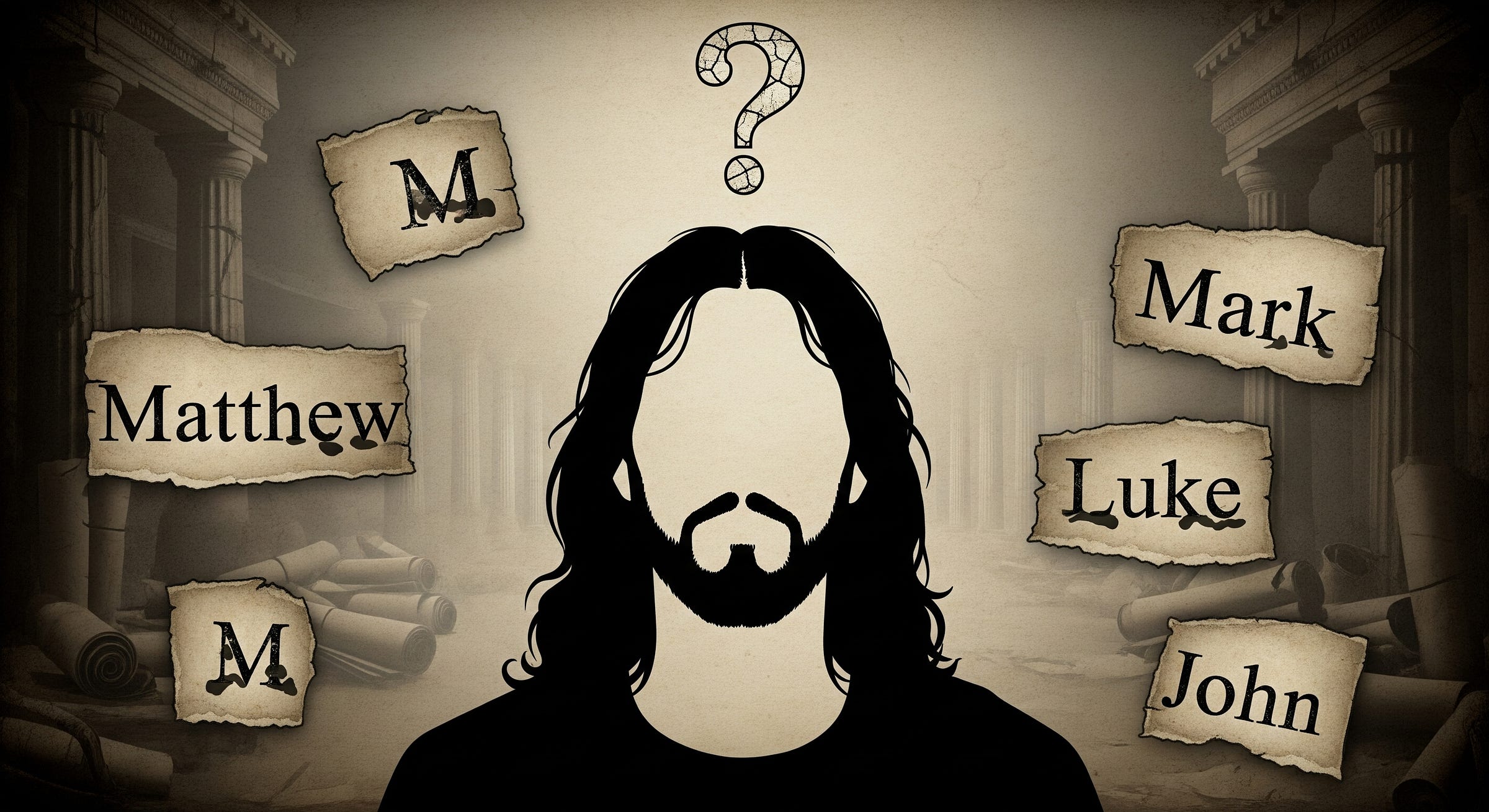 Ancient parchment with a missing silhouette of Jesus surrounded by torn Gospel fragments and a faint question mark.
