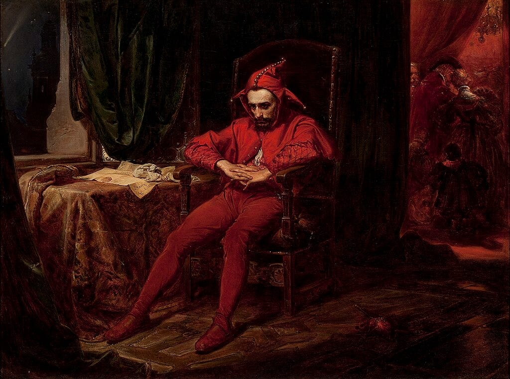 a medieval painting of a court jester sitting in a chair, very depressed with his fingers interlocked, wearing a ridiculous all-red spandex outfet and a pointy hat covered in bells 