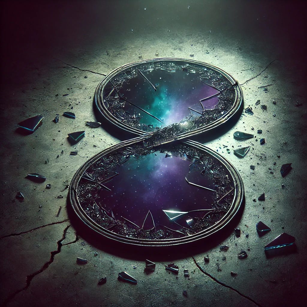 A broken infinity mirror on a cracked concrete floor, with cosmic light reflecting in the shards — symbolizing a shattered identity and a fractured loop of recurrence.