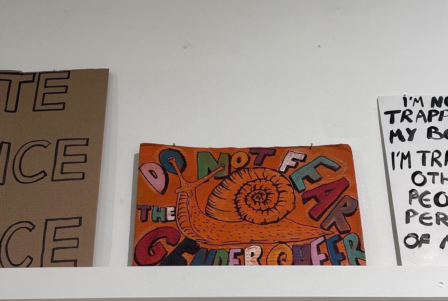 A trans rights banner with a cartoonish depiction of a snail in the centre, with colourful lettering around it that says Do Not Fear The Genderqueer