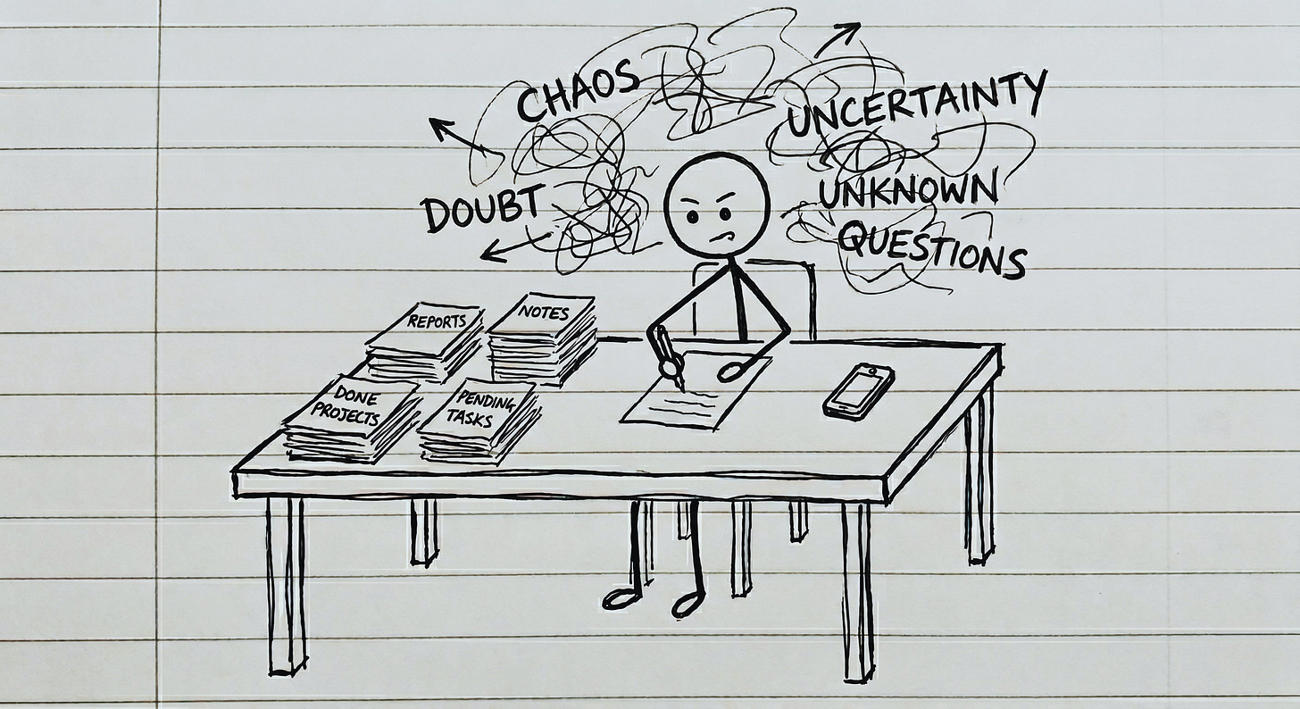 Hand-drawn stick figure at a perfectly organized desk with labeled stacks of work while chaotic scribbles fill the background and a phone sits untouched to the side.