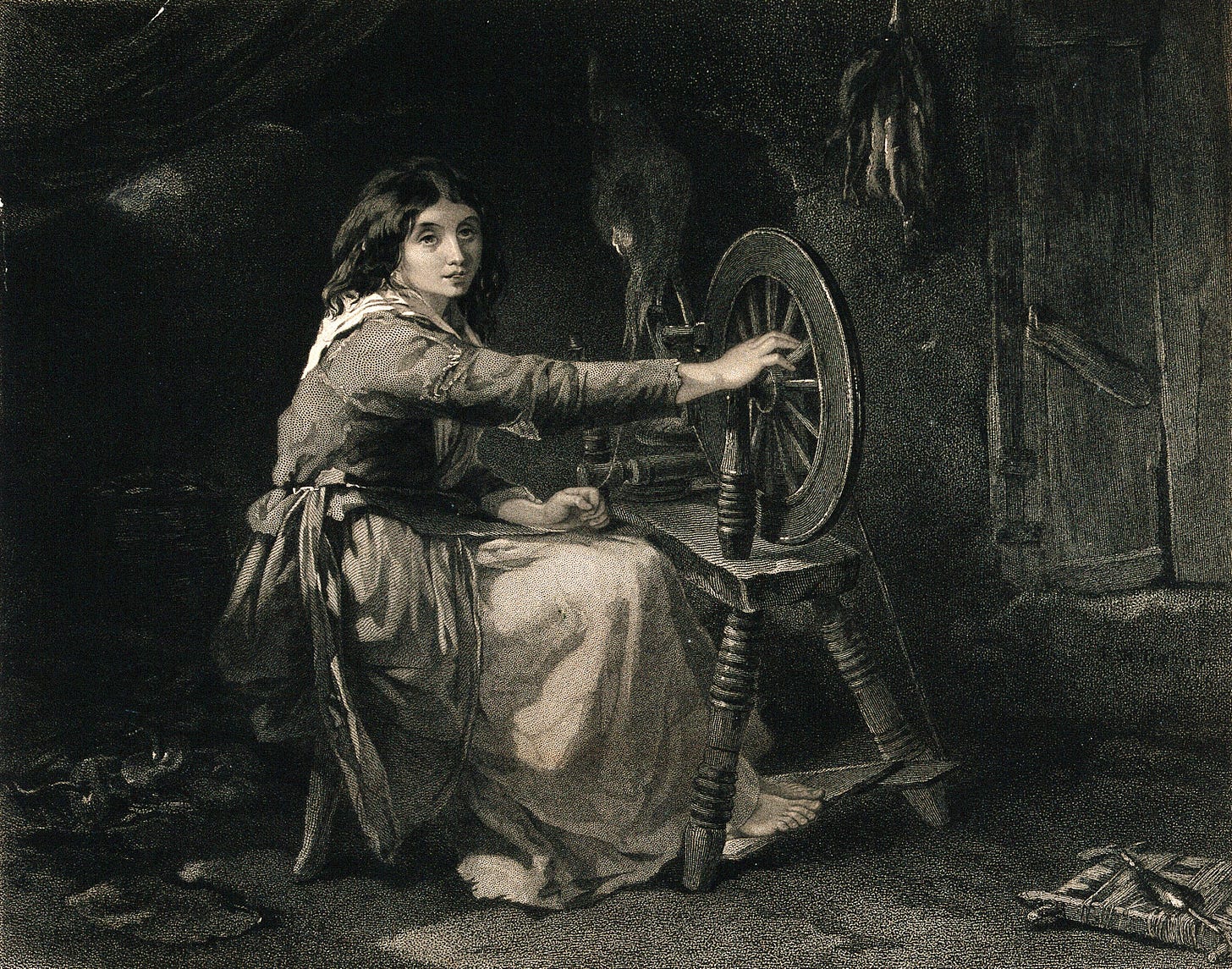 A young Irish woman working at a spinning wheel. A young Irish woman working at a spinning wheel.