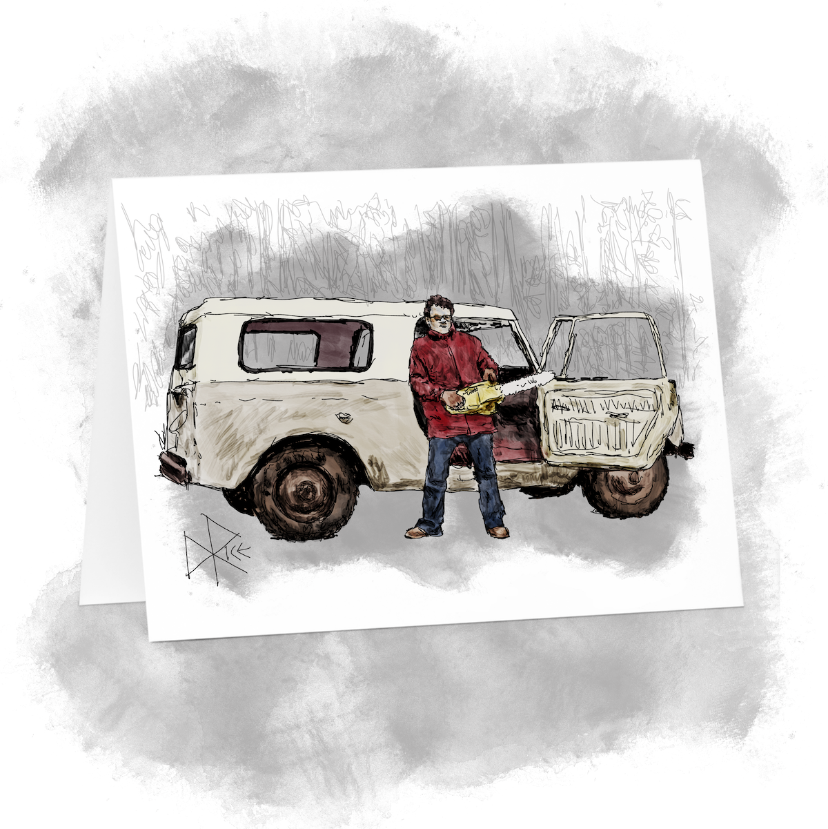 In front of the open passenger door of a 4-wheel drive truck, a man stands with a chainsaw in his hands. Sketch art by Don Rice.