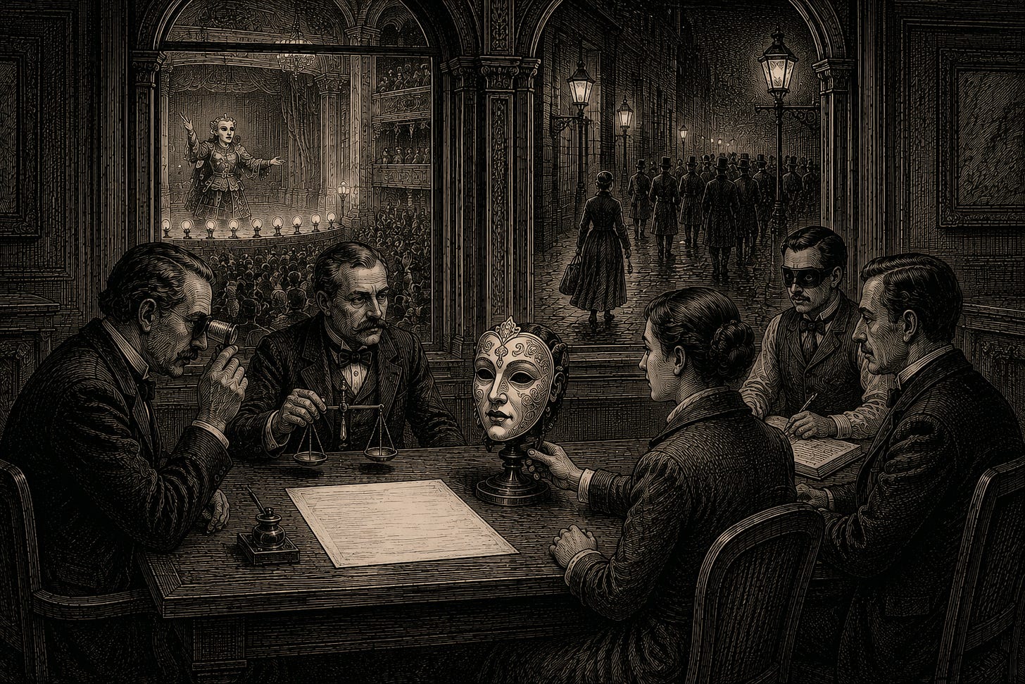 Wood-engraving editorial illustration in the Thomas Nast Harper's Weekly style for Attention Capital's essay The Graduation Problem, depicting the unwritten instrument of attention-backed credit. Bankers examine a corporate-owned theatrical mask across a table holding a blank term sheet, while a split window behind them shows the mask's twin performing to a crowd on one side and an audience following a departing performer on the other. The image argues the essay's capital implication: the first lenders into creator and character credit will underwrite transition risk using the public comps already trading in Tokyo. Keywords: private credit, creator credit, attention-backed lending, transition risk, COVER Corp, ANYCOLOR, term sheet.