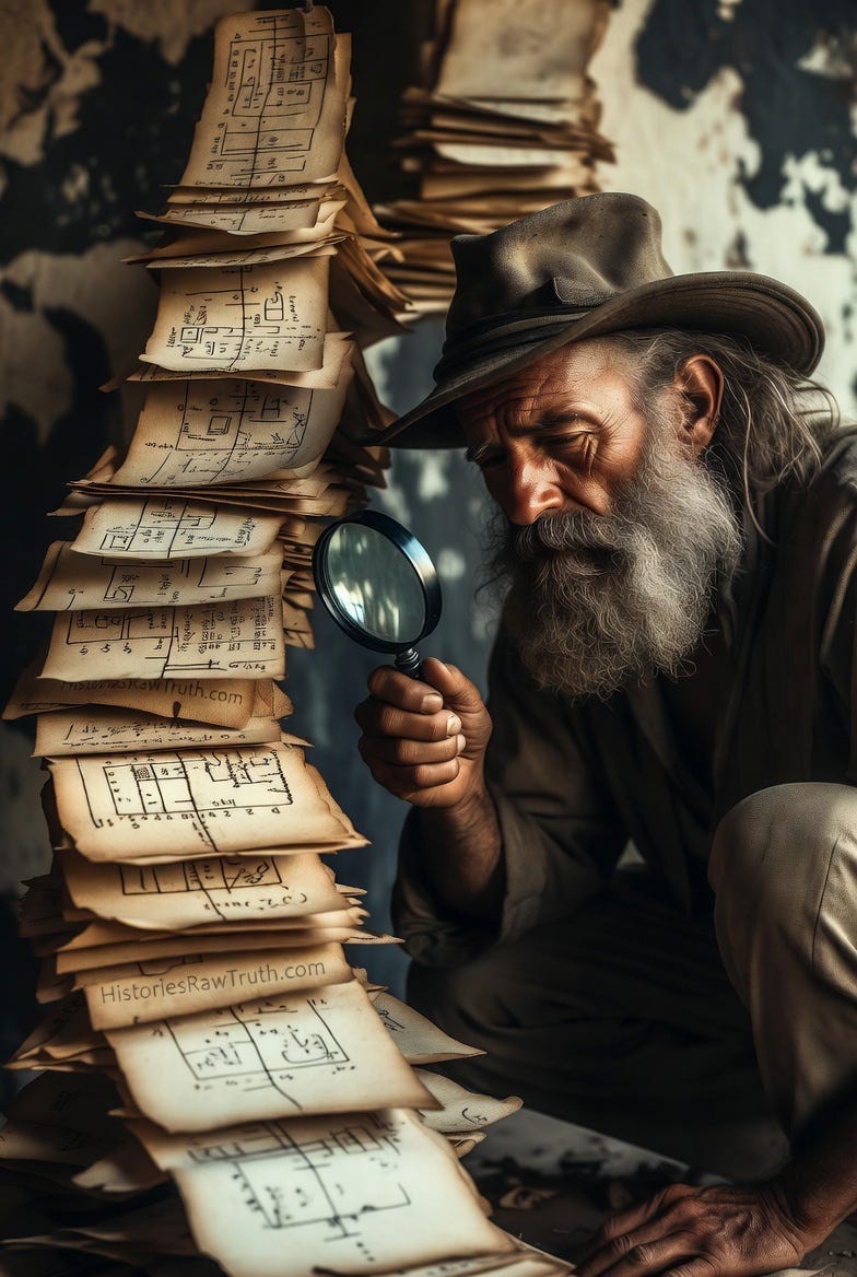 Phineas McFuddler, an archaeologist, examines a complex timeline in a dim, sepia-toned environment.
