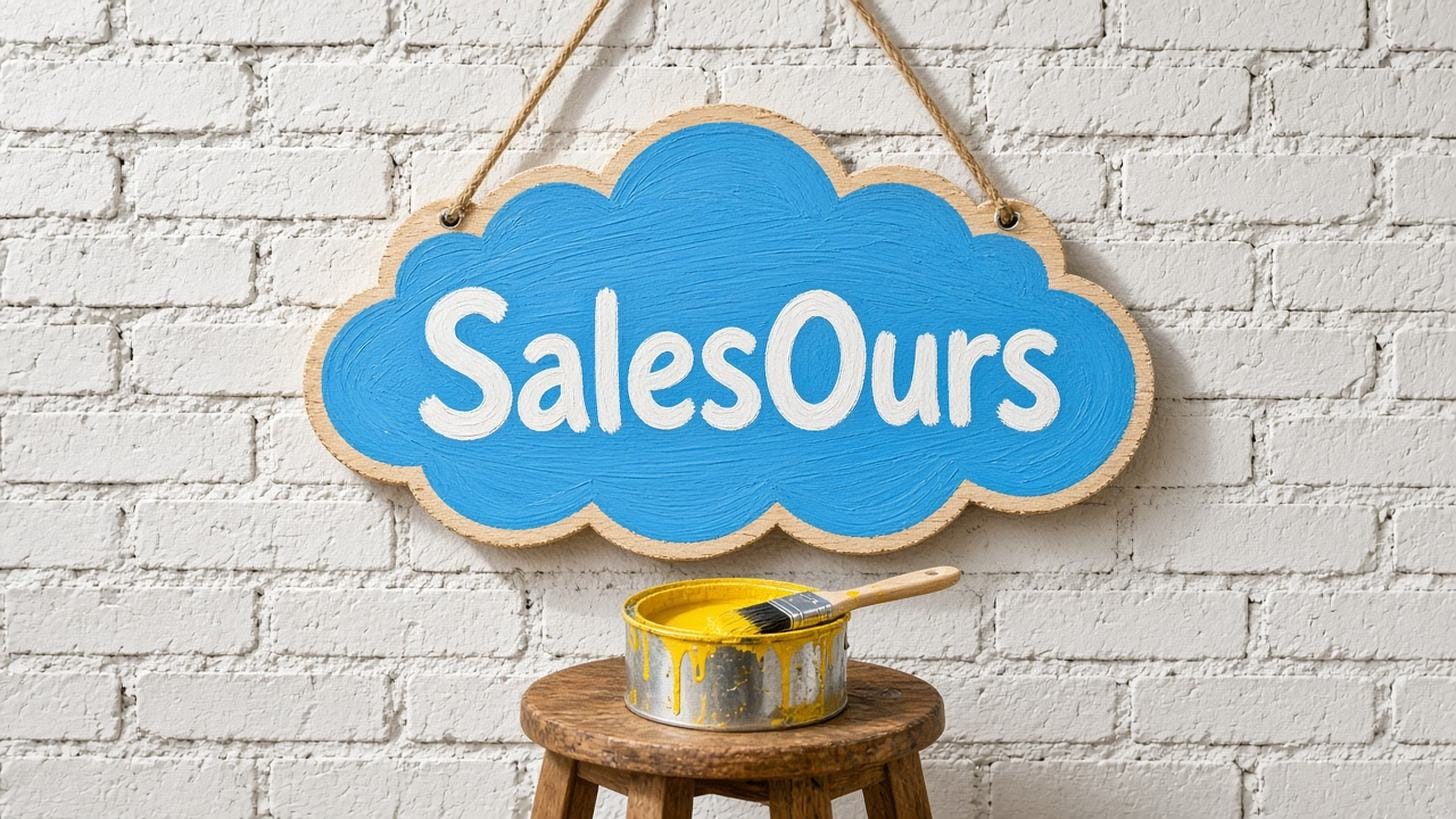 Illustration: a hand-cut plywood cloud painted sky blue reads SalesOurs, with a pot of yellow paint on a stool below. Illustration: a hand-cut plywood cloud painted sky blue reads SalesOurs, with a pot of yellow paint on a stool below.