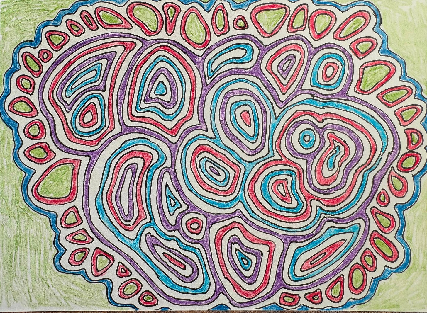 a doodle in black ink and colored pencil, made of round shapes