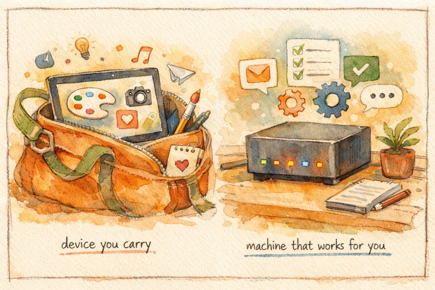 A laptop in a bag next to an always-on desktop machine with agent activity notifications