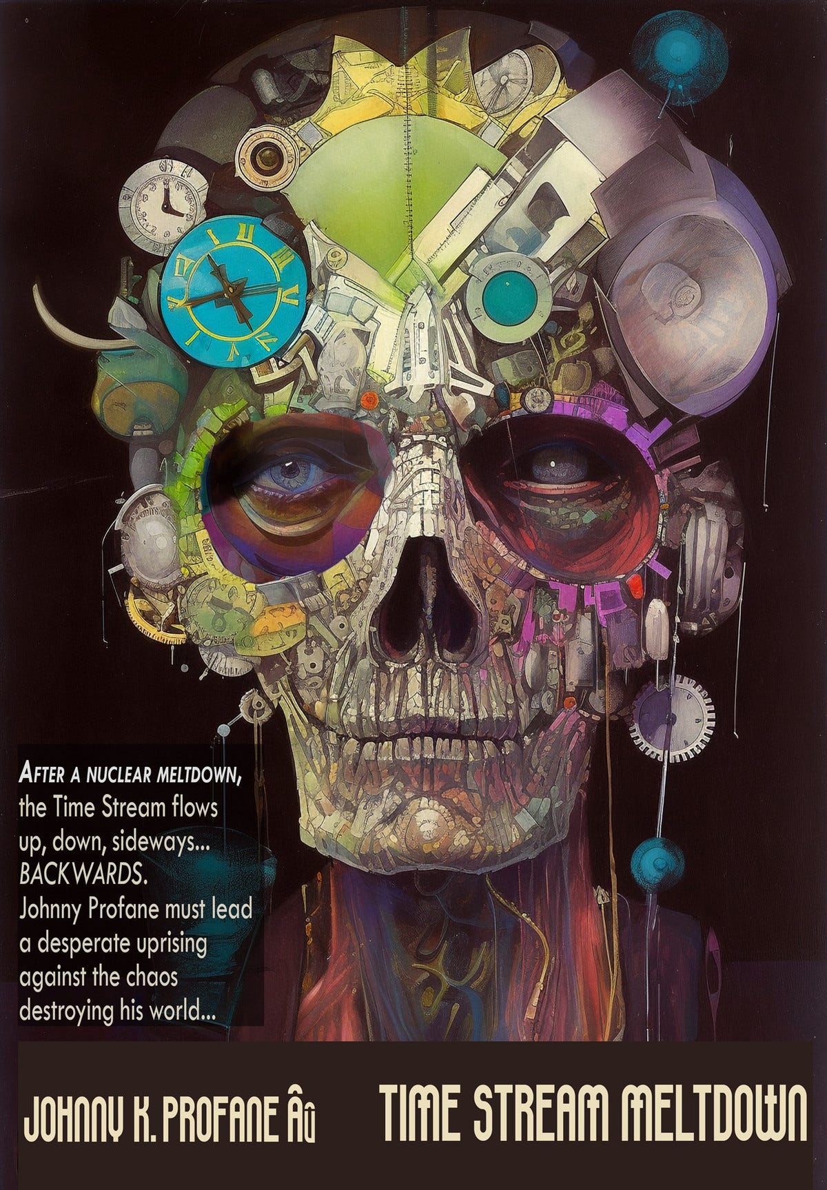"In My Own Time," an imagined pulp fiction book cover, inspired by Bob Pepper's famous cover for "Do Androids Dream of Electric Sheep," by Philip K. Dick. A grotesque man's head, mixing elements of xray, skeleton, watches, watch parts. He stares with one living and one dead eye at the reader. Title reads: "Johnny Profane Âû -- Time Stream Meltdown." Teaser text reads: "After a nuclear meltdown, the Time Stream flows up, down, sideways… Backwards. Johnny Profane must lead a desperate uprising against the chaos destroying his world…" A mixture of Midjourney prompts, sketching, photos and more. Digital tools included AI. "In My Own Time," an imagined pulp fiction book cover, inspired by Bob Pepper's famous cover for "Do Androids Dream of Electric Sheep," by Philip K. Dick. A grotesque man's head, mixing elements of xray, skeleton, watches, watch parts. He stares with one living and one dead eye at the reader. Title reads: "Johnny Profane Âû -- Time Stream Meltdown." Teaser text reads: "After a nuclear meltdown, the Time Stream flows up, down, sideways… Backwards. Johnny Profane must lead a desperate uprising against the chaos destroying his world…" A mixture of Midjourney prompts, sketching, photos and more. Digital tools included AI.