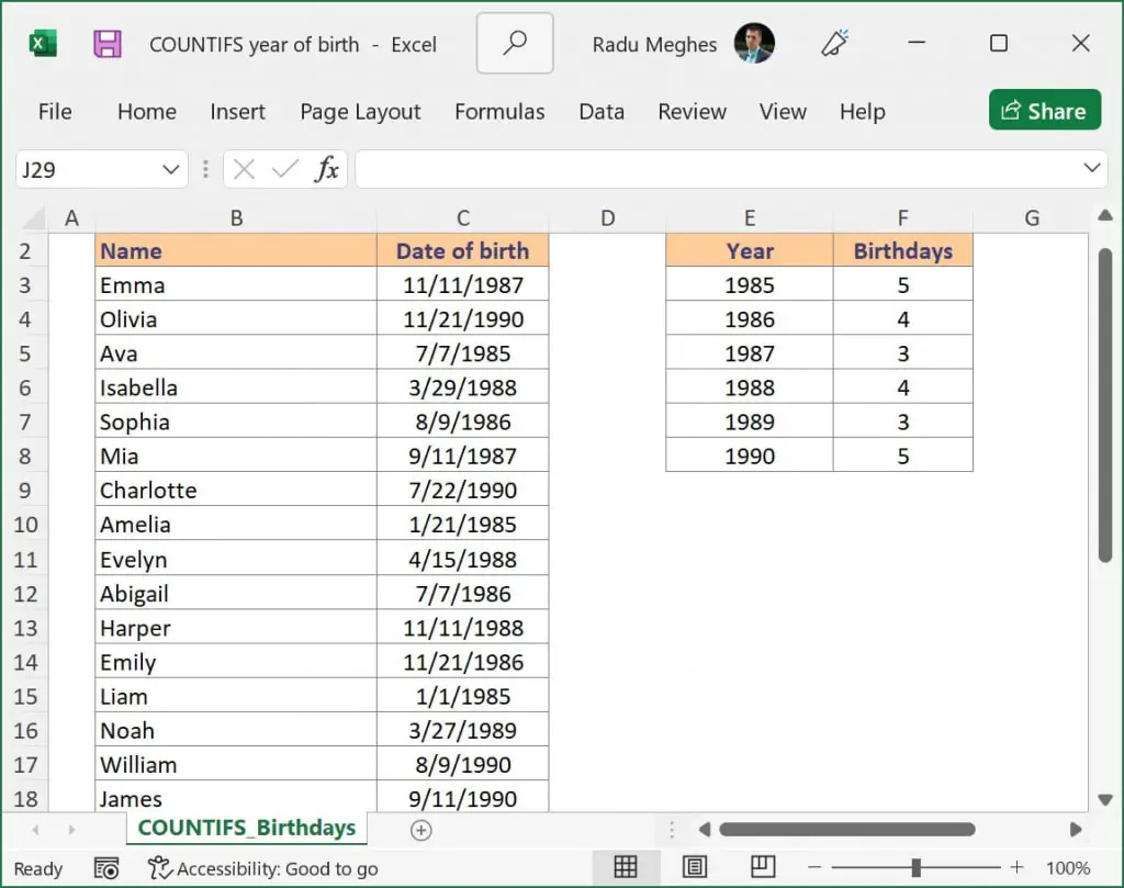 How to count cells between two dates using COUNTIFS