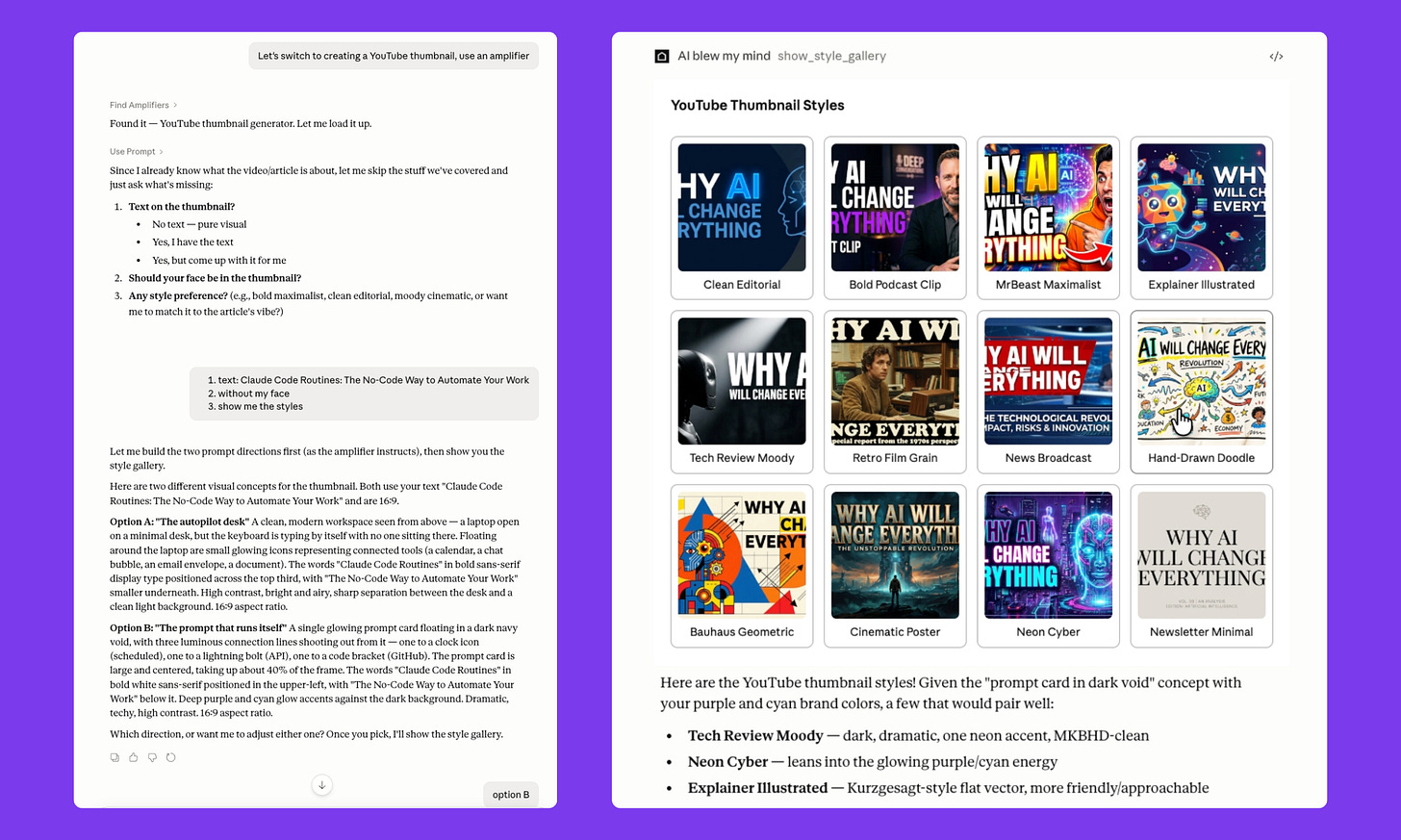 Screenshot showing YouTube thumbnail generator workflow with prompt setup on the left including text and style preferences and a style gallery on the right displaying thumbnail design options such as clean editorial bold podcast clip MrBeast maximalist and neon cyber