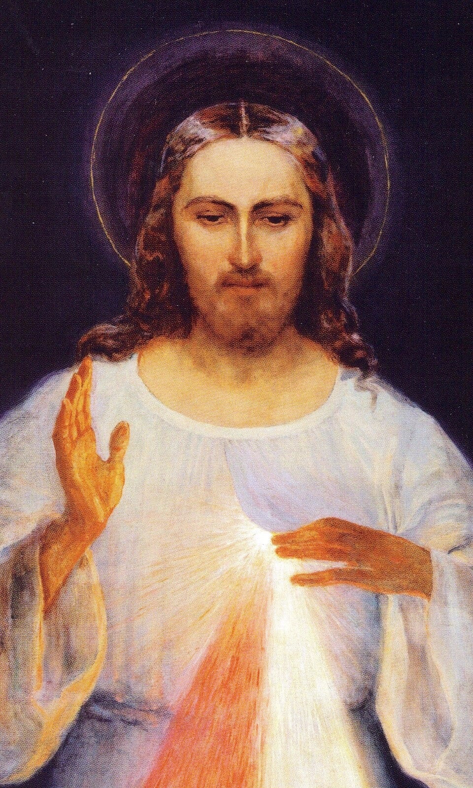 Resurrected Jesus with white and red rays of light streaming from His heart