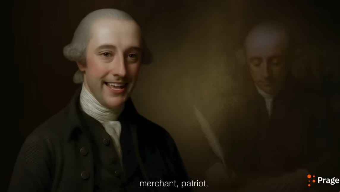 screenshot of a PragerU video featuring an AI animation of a 'painting' of Joseph Hewes, one of the signers of the Declaration of Independence. The image, not based on any real painting, has an uncanny valley mouth that tells a patriotic story; in the background, other equally-fake 'painted' images show scenes from Hewes's life; in this example, he's seen signing the Declaration. screenshot of a PragerU video featuring an AI animation of a 'painting' of Joseph Hewes, one of the signers of the Declaration of Independence. The image, not based on any real painting, has an uncanny valley mouth that tells a patriotic story; in the background, other equally-fake 'painted' images show scenes from Hewes's life; in this example, he's seen signing the Declaration.