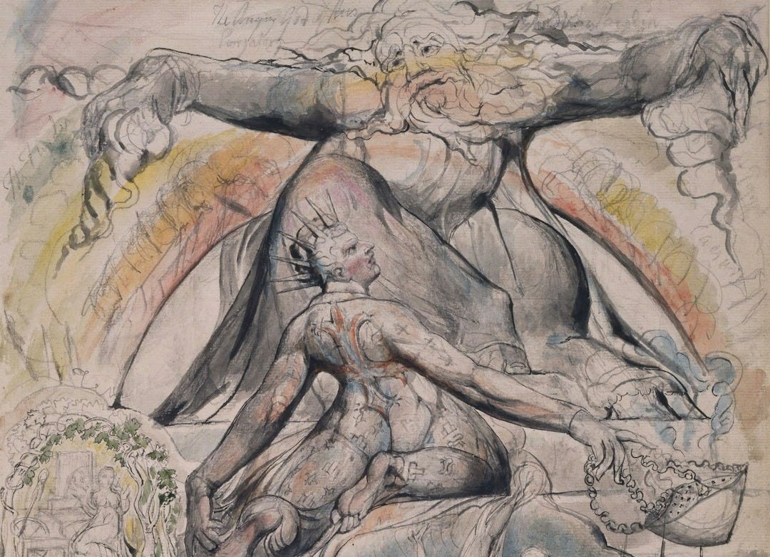 a drawing of a man surrounded by other people