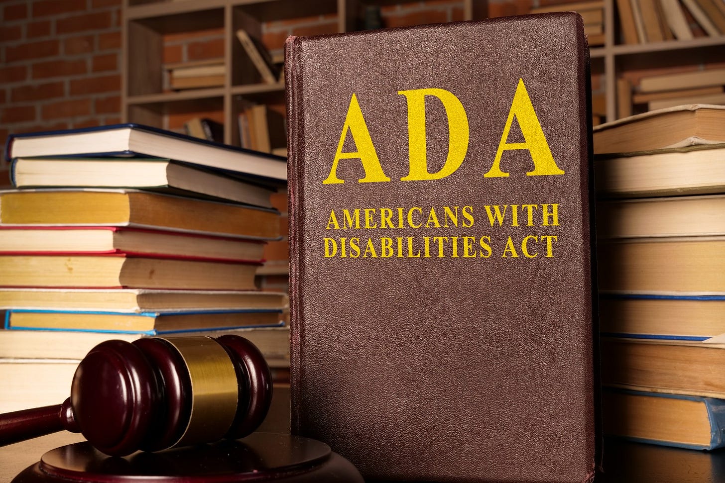 A large book with the title “ADA: Americans with Disabilities Act” in bold yellow letters on its cover, placed beside a judge’s gavel and surrounded by stacks of law books in a library setting.