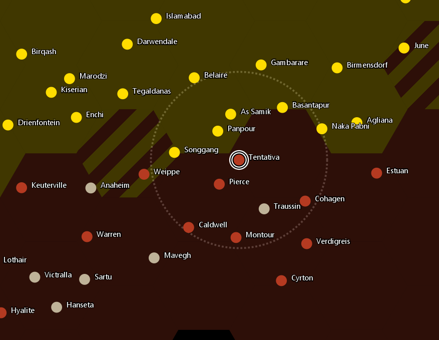 In-game snip from the MegaMek application. The Federated Suns - Taurian Concordat border is shown, with the fateful Tentativa system highlighted.