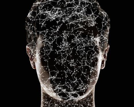 AI concept - Connected particles covering dark, obscured face of man on black background 