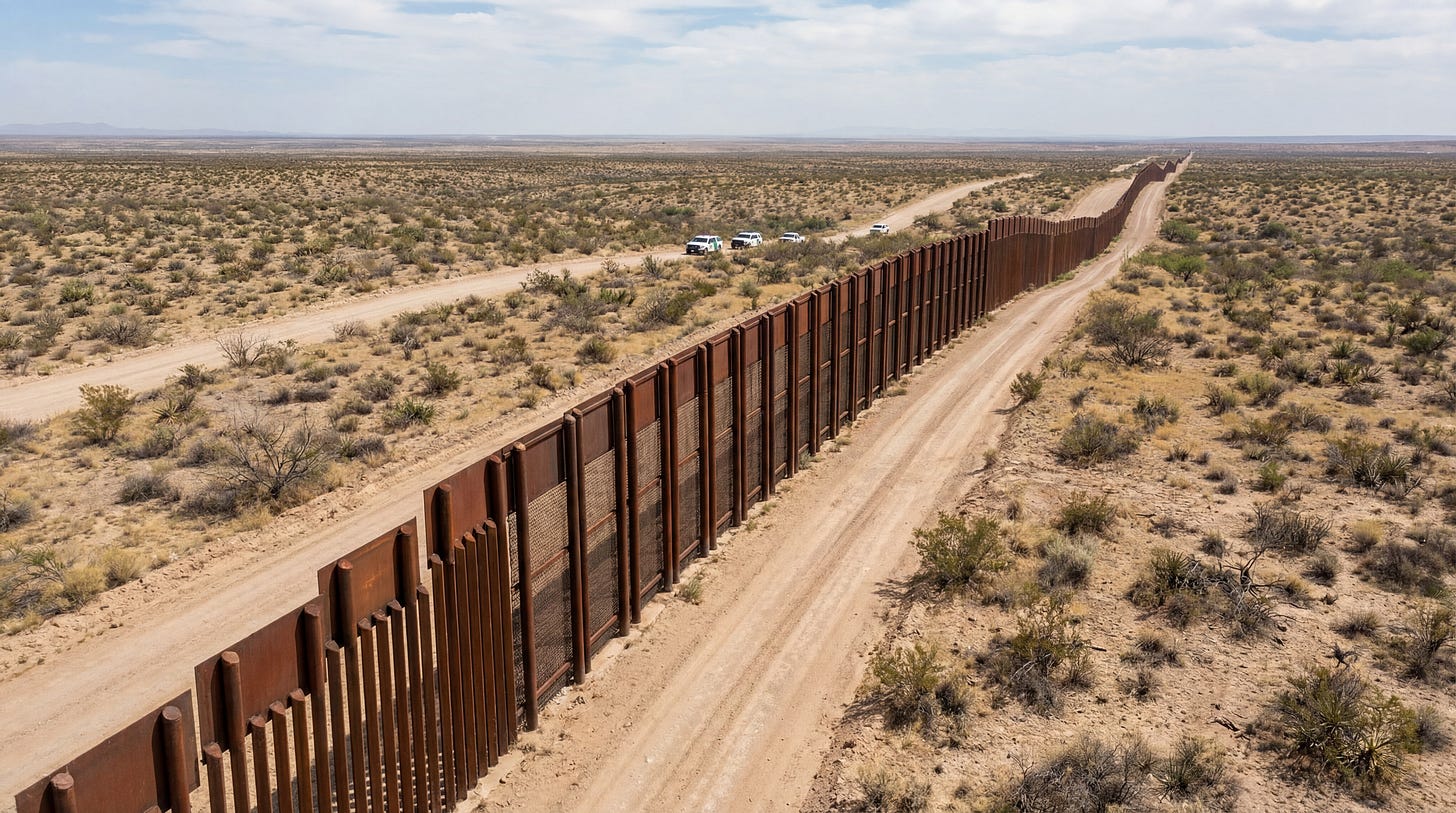 AI-generated illustration of the U.S.–Mexico border wall, symbolizing immigration enforcement.
