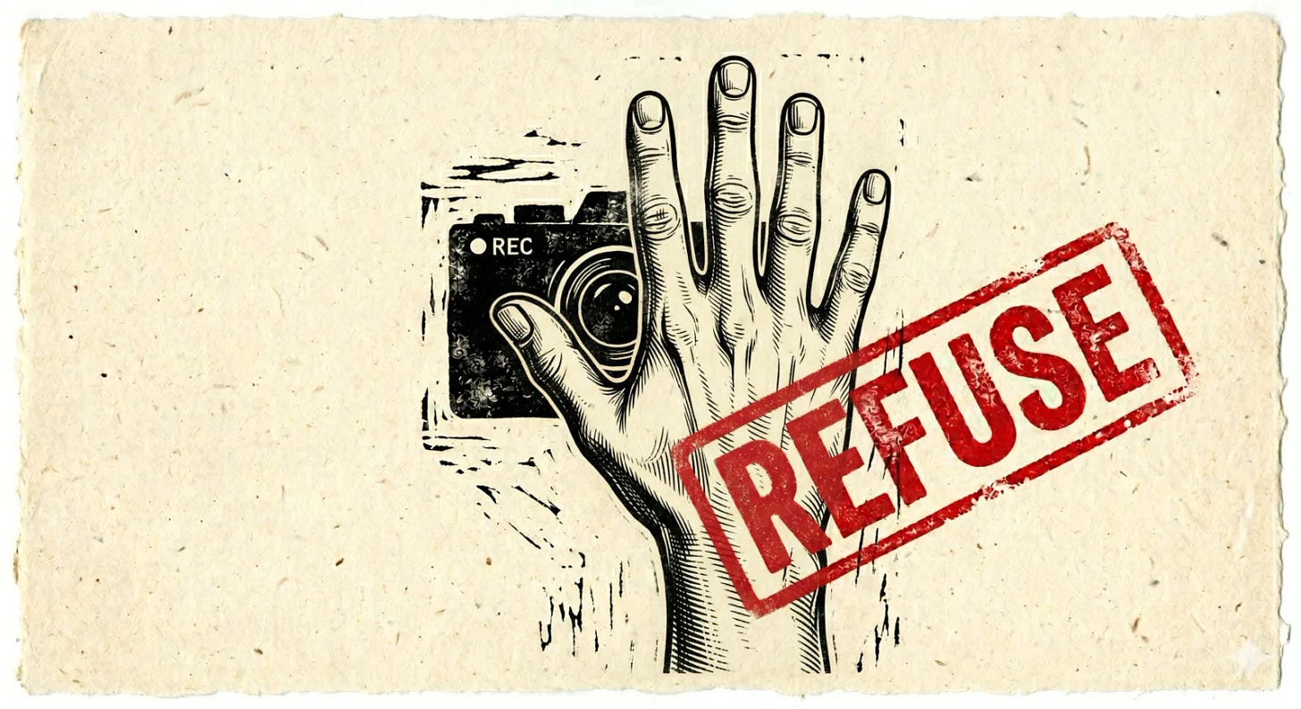 A flat raised palm covering a camera lens, with a red REFUSE stamp.