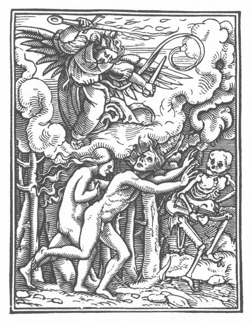 Hans Holbein the Younger woodcut from the Dance of Death series, the Expulsion of Adam and Eve
