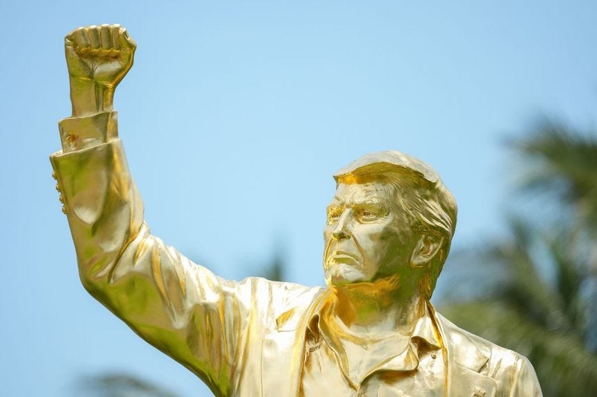 Image shows golden Donald Trump statue during the first round of Cadillac Championship at Trump National Doral - Blue Monster Course on April 30, 2026 in Miami, Florida.