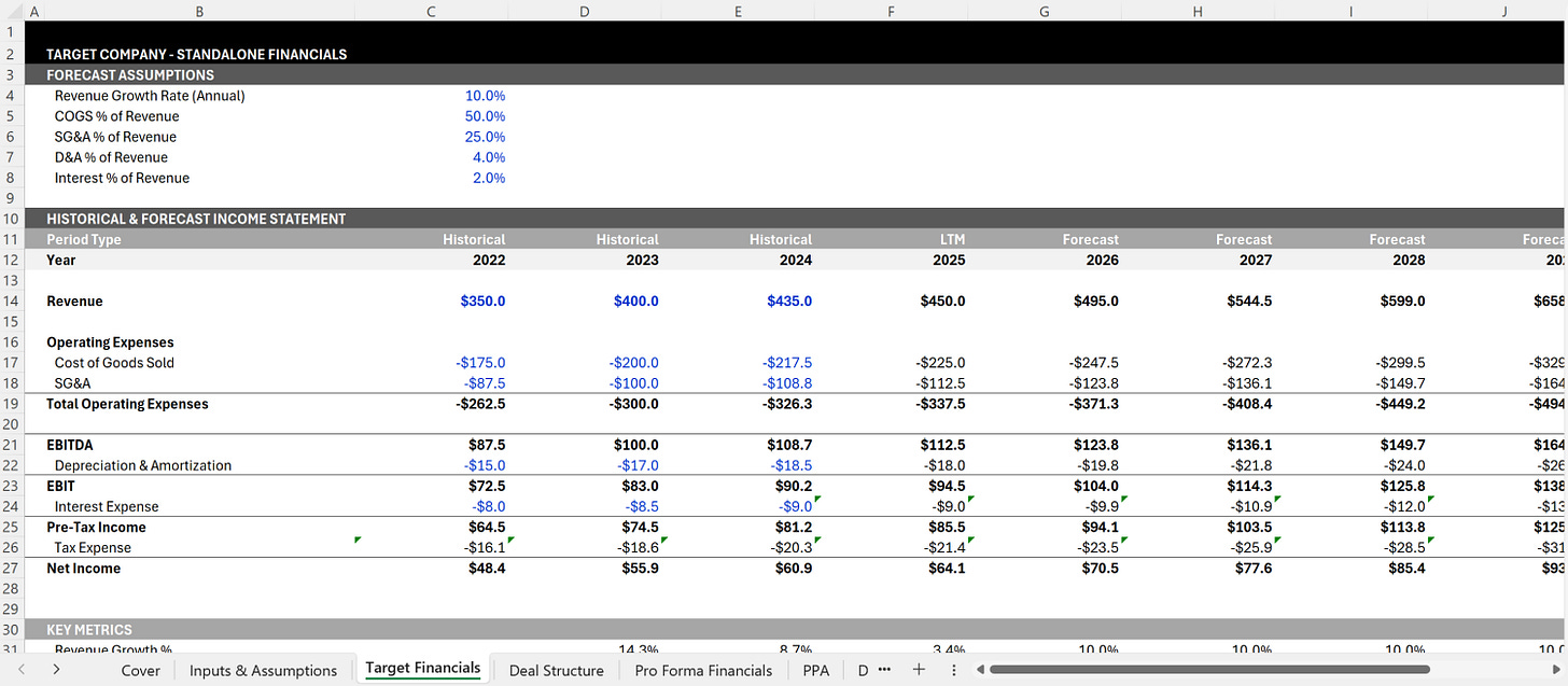 Target company standalone financials with historical results and multi-year revenue and EBITDA forecast.
