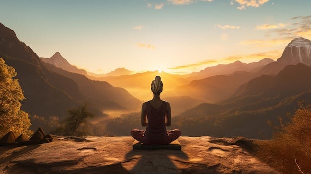 A young woman practicing yoga or meditating in the tranquil natural  landscape relaxing life balance | Premium AI-generated image