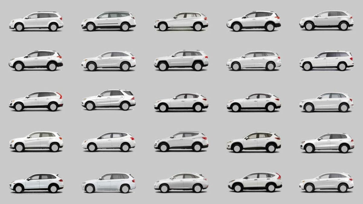 A grid of newly-released cars, showing their near-identical shapes and colors.