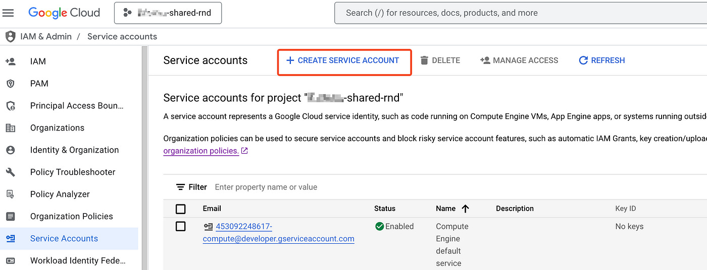 Service Accounts page in GCP