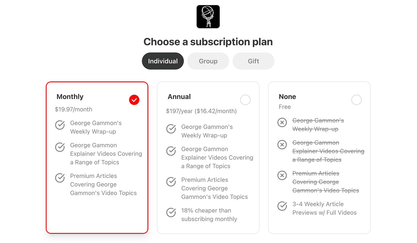 Subscription plan comparison showing monthly, annual, and free options for George Gammon's content Subscription plan comparison showing monthly, annual, and free options for George Gammon's content