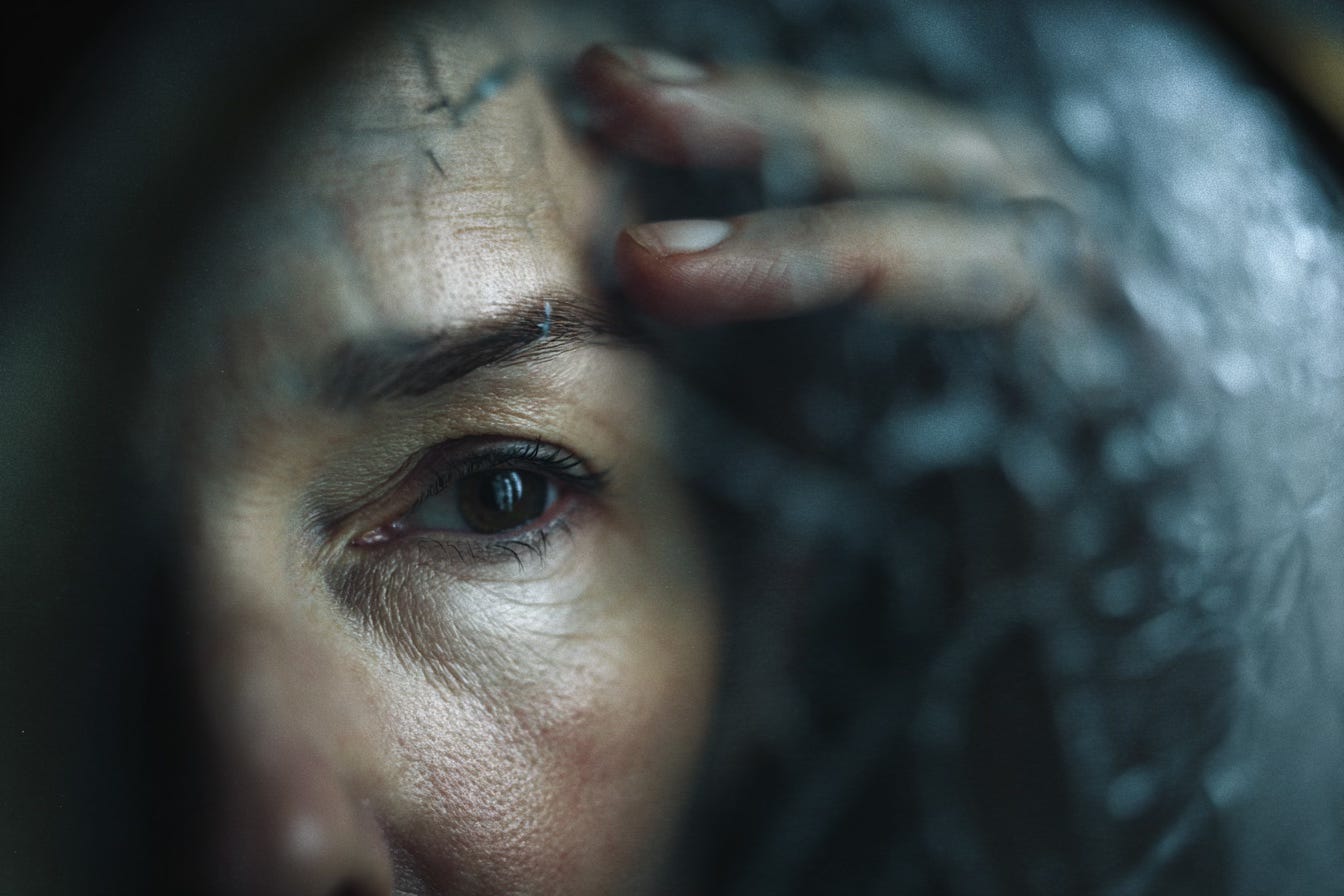 A woman touching her scar. A woman touching her scar.