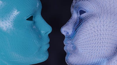 a white and blue mannequin looking face to face a white and blue mannequin looking face to face