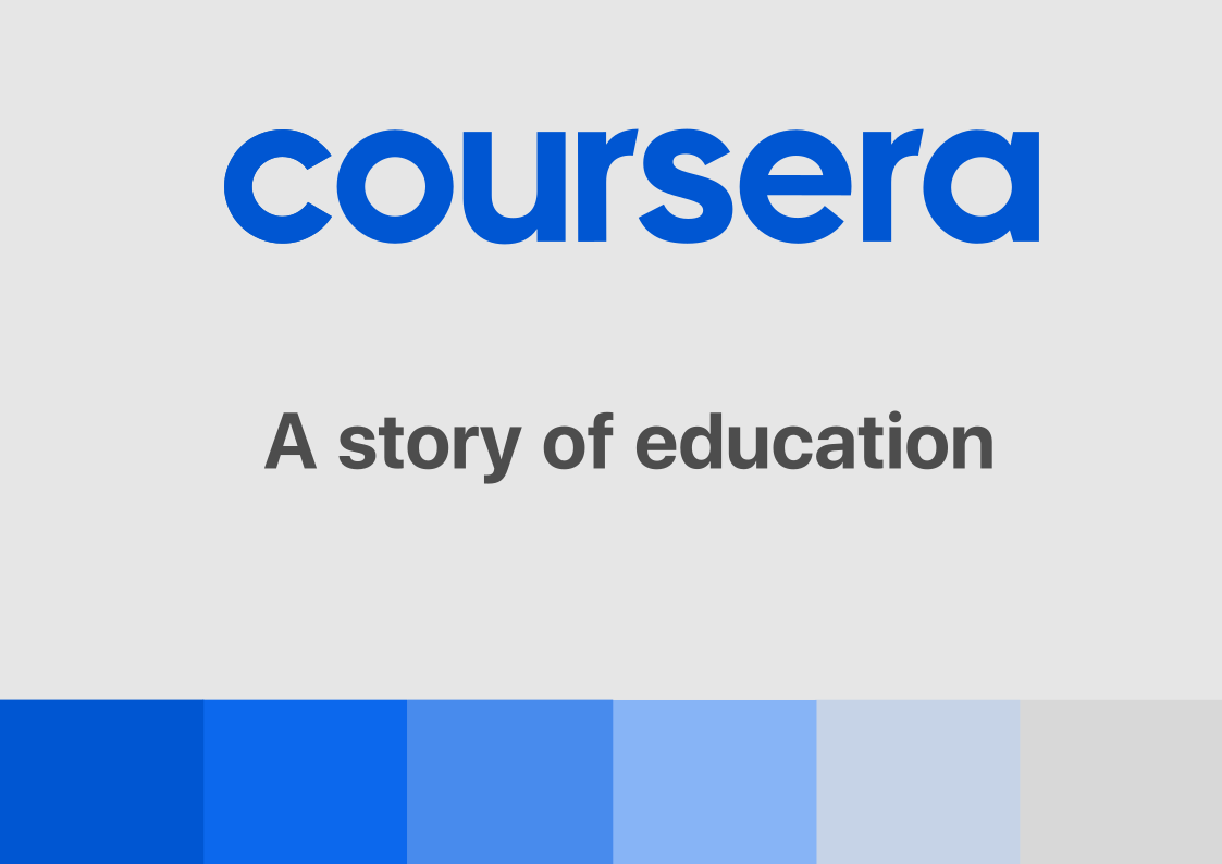 Introductory image for a stock analysis of Coursera (COUR). It features the Coursera logo and the title 'A story of education', focusing on the online learning platform."