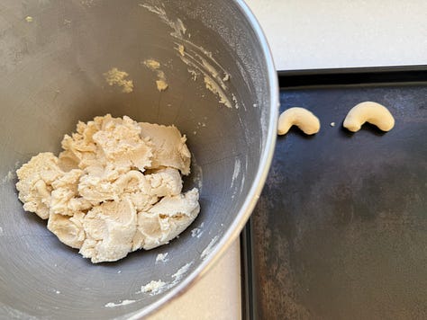 Three  photos showing stages of baking cookies, from batter through shaping and rolling in powdered sugar
