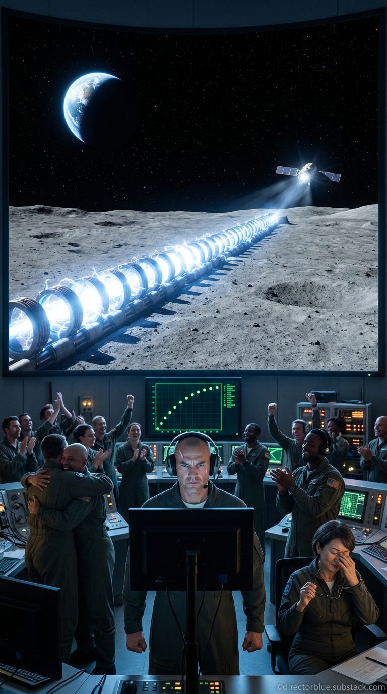 Hyper-detailed 9x16 photographic image promptUltra-realistic photographic scene 9x16 vertical format Split composition  upper two-thirds shows a large wallscreen displaying external camera footage of the mass driver firing a 32-kilometer lin_image_1