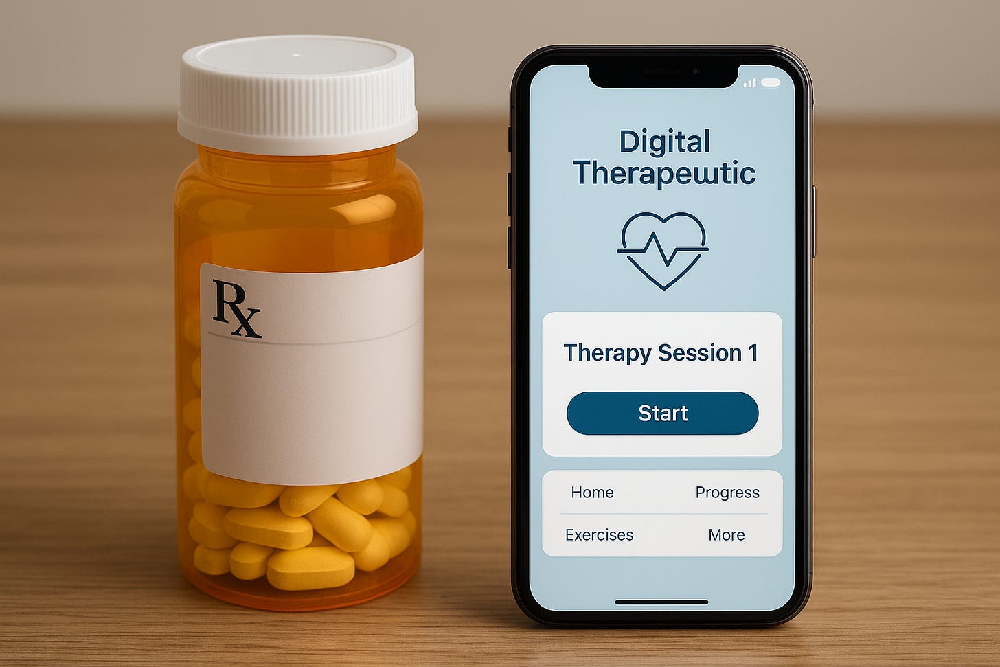 A realistic photo of a prescription pill bottle placed next to a smartphone displaying a digital health app labeled “Digital Therapeutic,” with FDA approval documents and medical prescriptions in the background. The image symbolizes the convergence of traditional medication and software-based treatment under modern healthcare regulation.