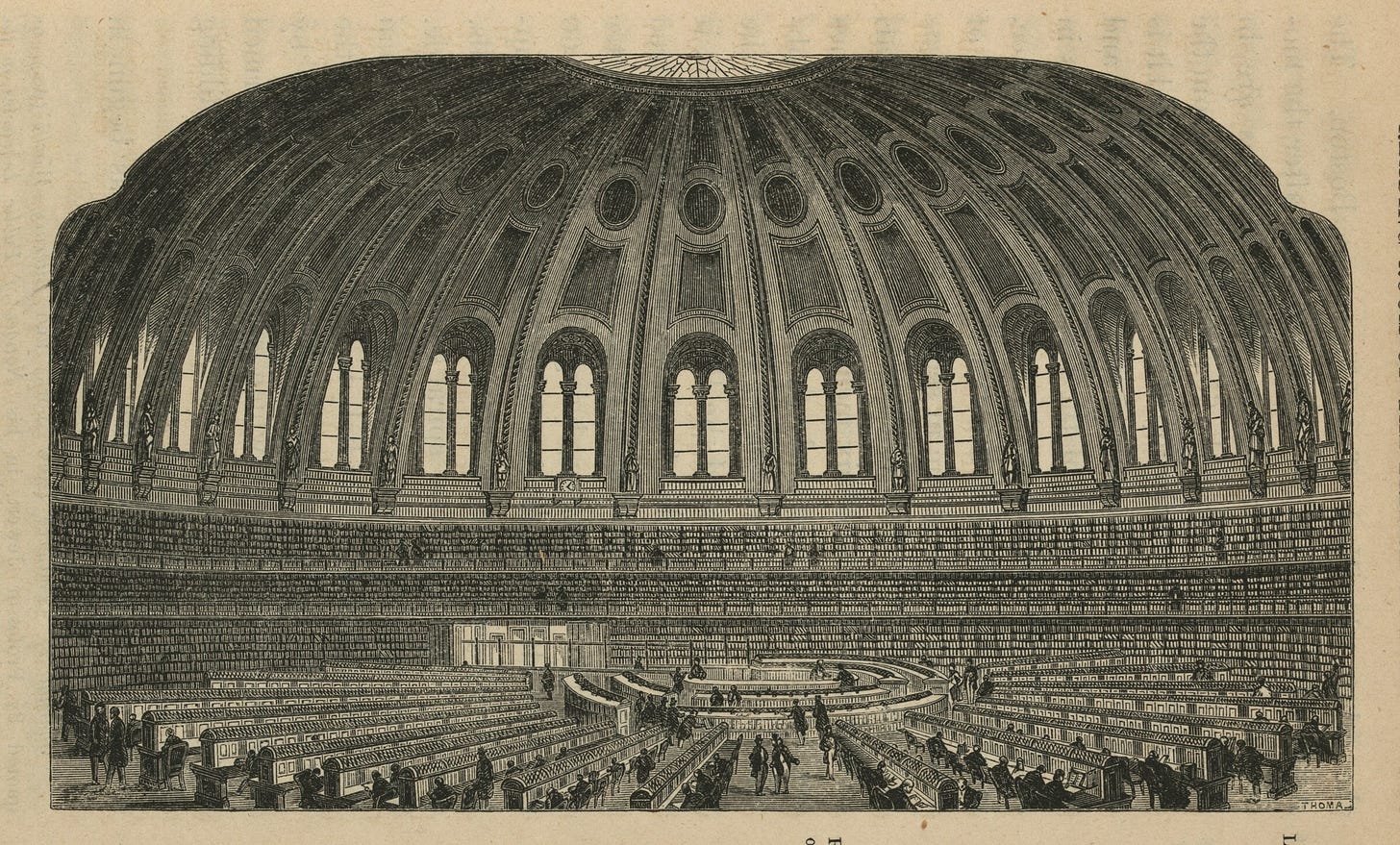 An 1859 wood engraving of the British Museum Round Reading Room, desks radiating from a central enclosure under the dome. An 1859 wood engraving of the British Museum Round Reading Room, desks radiating from a central enclosure under the dome.