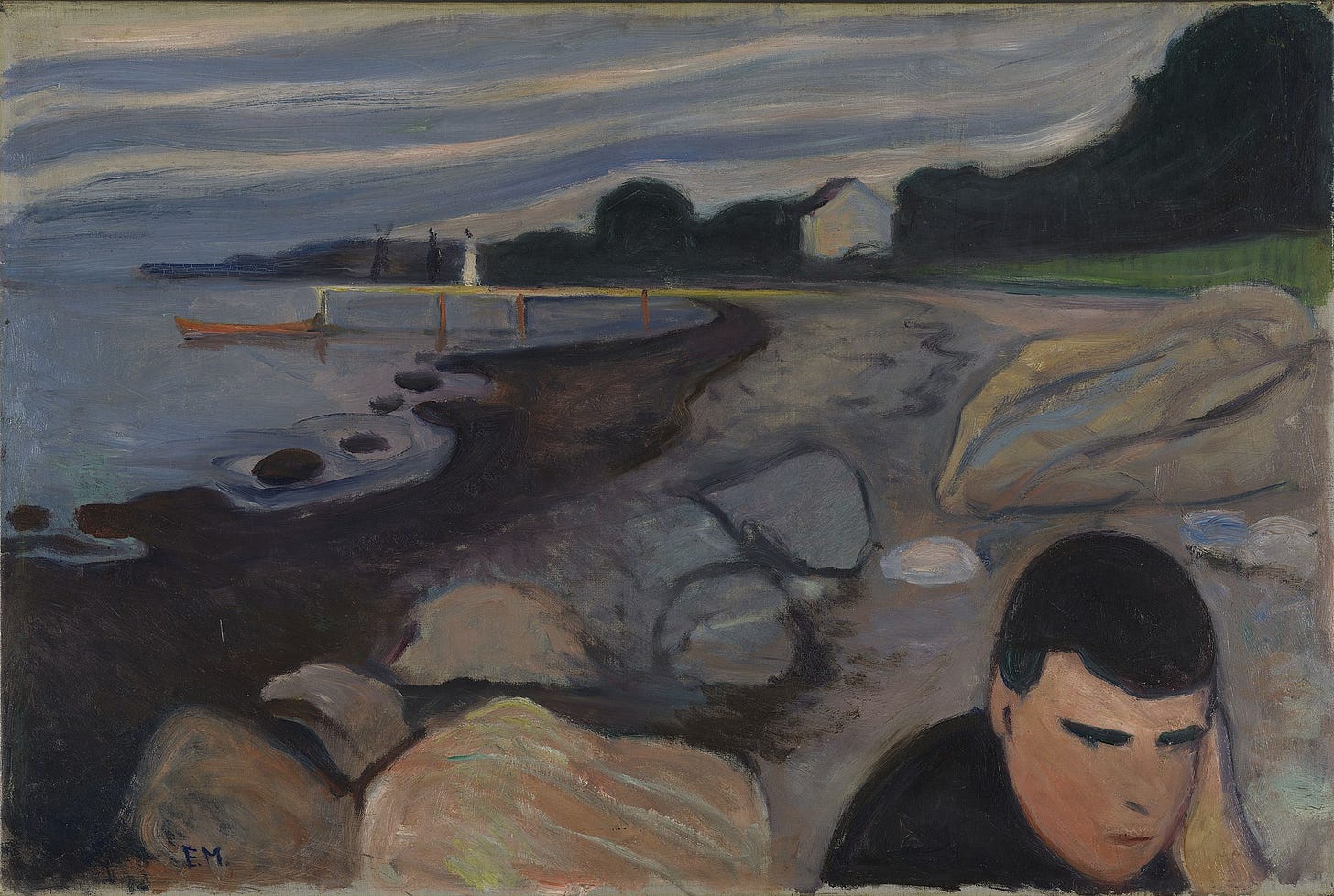 Munch painting of a man in anxiety turned away from the shore.