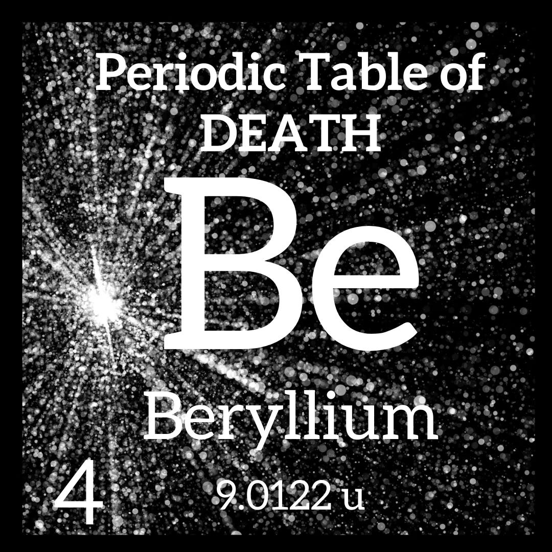 The periodice table square for beryllium with a black and white x-ray of high energy atoms that look like fireworks The periodice table square for beryllium with a black and white x-ray of high energy atoms that look like fireworks