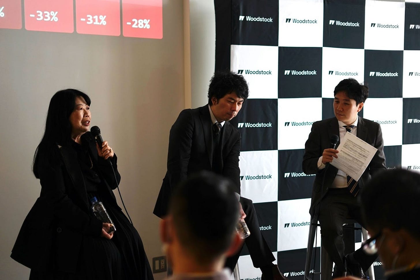 Woodstockの投資セミナーで登壇者3人がパネルディスカッションを行う様子。会場前方でマイクを持って対談している。 Woodstockの投資セミナーで登壇者3人がパネルディスカッションを行う様子。会場前方でマイクを持って対談している。