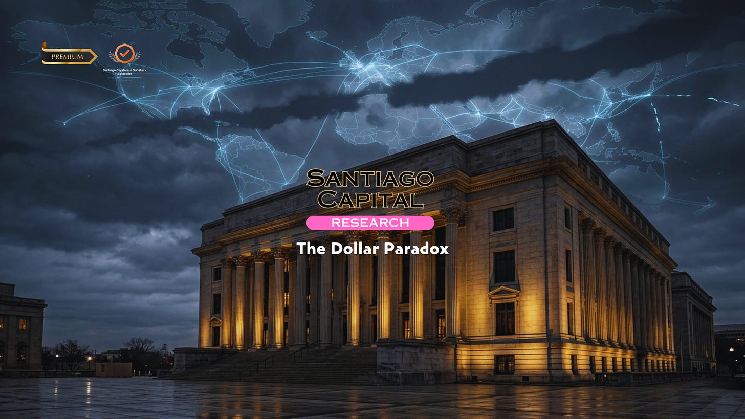 Illuminated government building at dusk with Santiago Capital Dollar Paradox research overlay