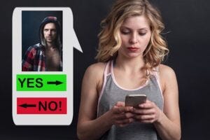 Woman using a dating app looking at a prospect