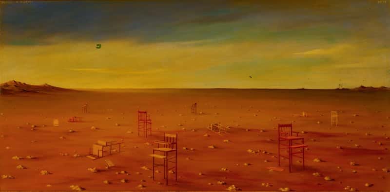 Landscape with High Chairs, Oil on board inches, 19.75×39.75 inches, 1976 - Philip  C Curtis